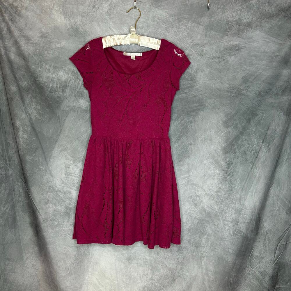 Women Dress XS  Mini Fit & Flair Maroon Lace Floral Y2k Open Knit Coquette